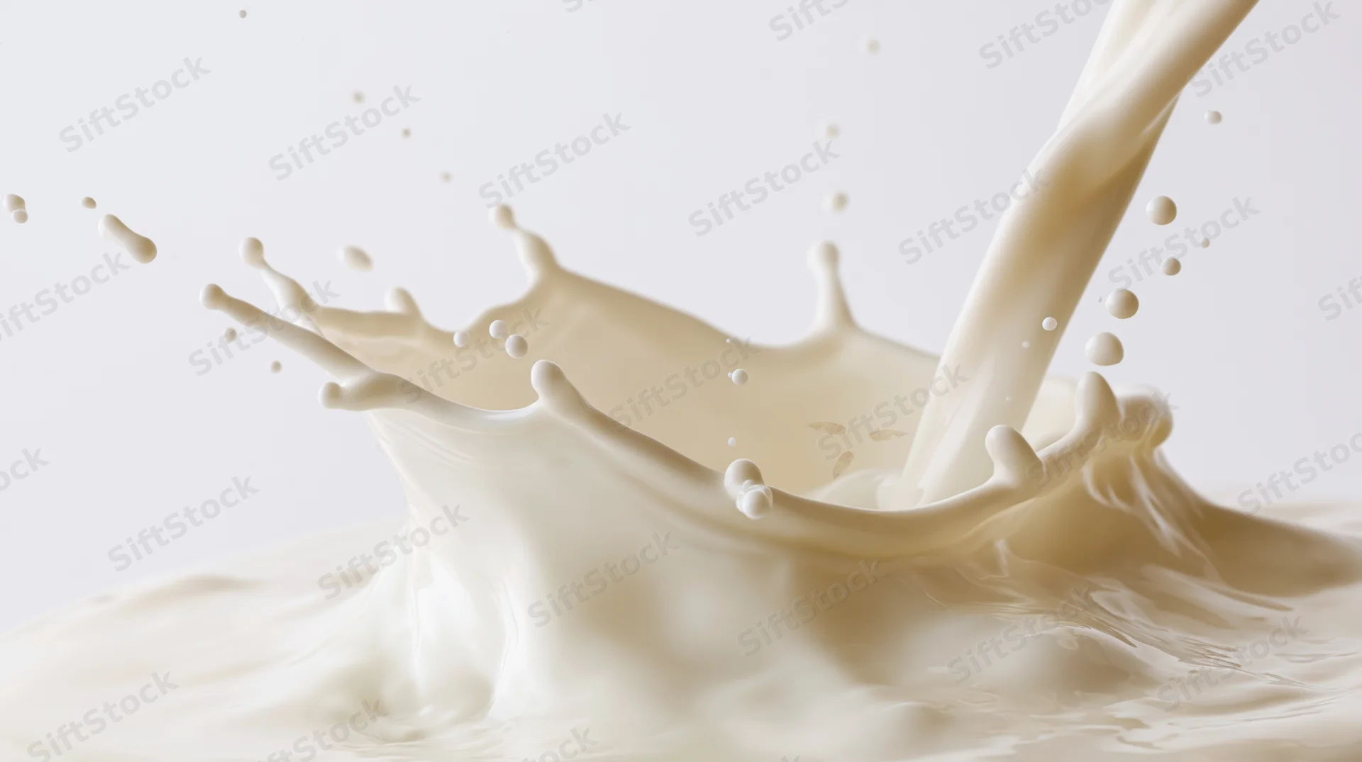 Milk pouring and splashing mid-motion against a white background
