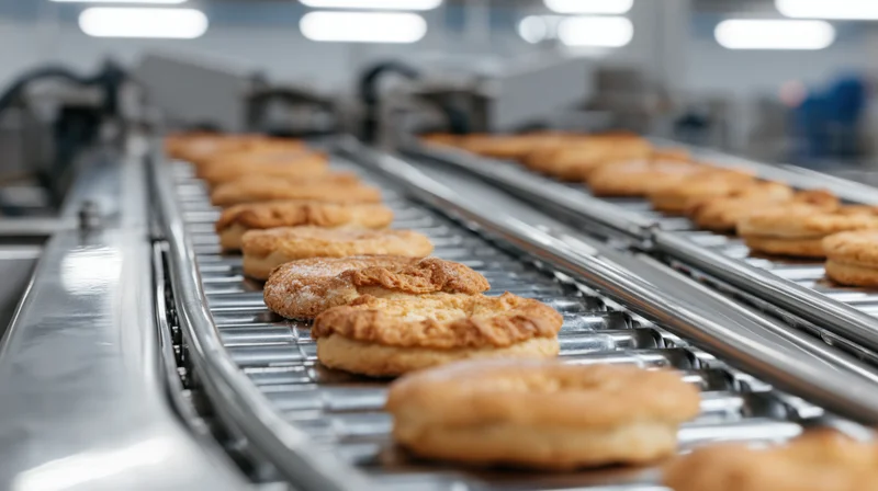 Freshly baked cookies and pastries moving along a stainless steel conveyor belt in a factory