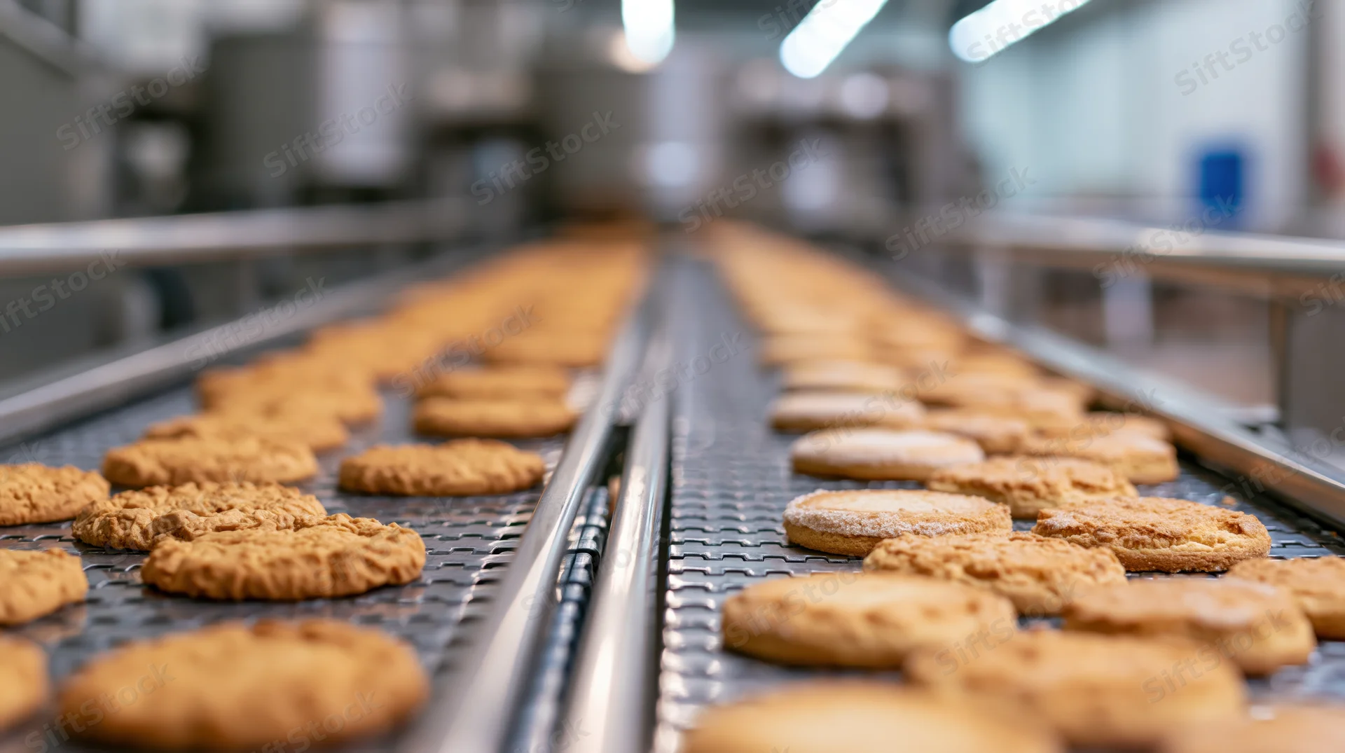 Freshly baked cookies moving along a stainless steel conveyor belt in a factory