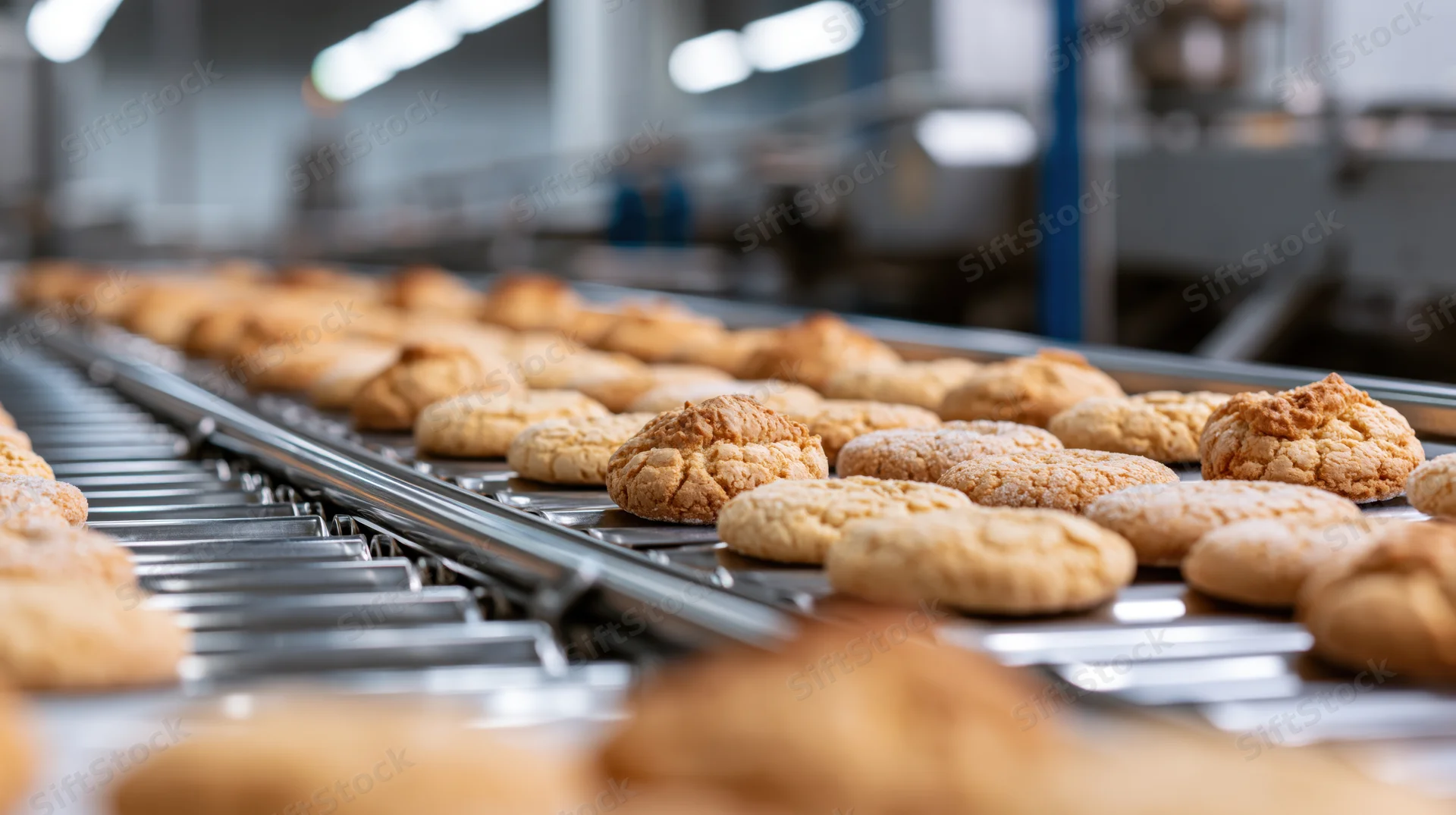 Freshly baked cookies moving along a stainless steel conveyor belt in a factory