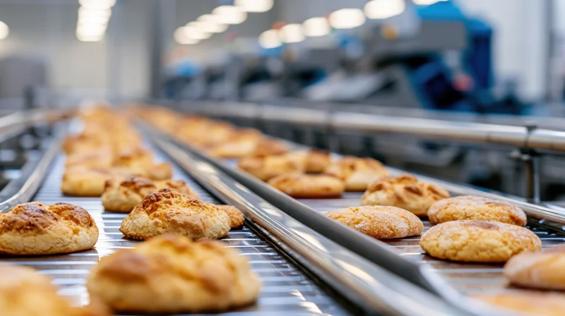 Freshly baked cookies and pastries moving along a stainless steel conveyor in a factory production line