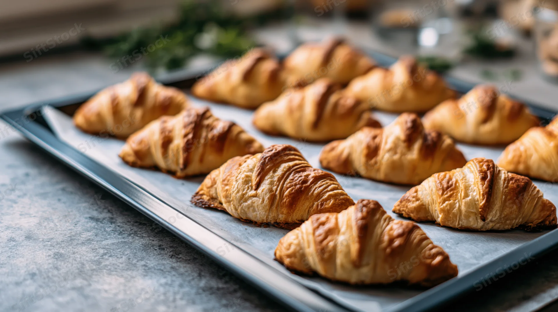 Freshly baked croissants arranged in rows on a parchment-lined baking tray