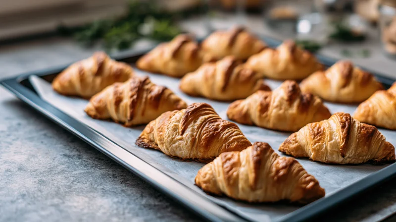 Freshly baked croissants arranged in rows on a parchment-lined baking tray