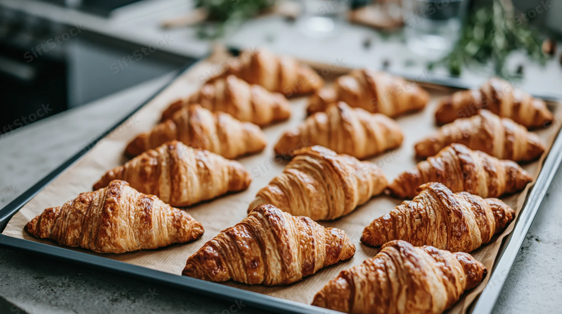 Freshly baked croissants arranged in rows on a parchment-lined tray in a kitchen