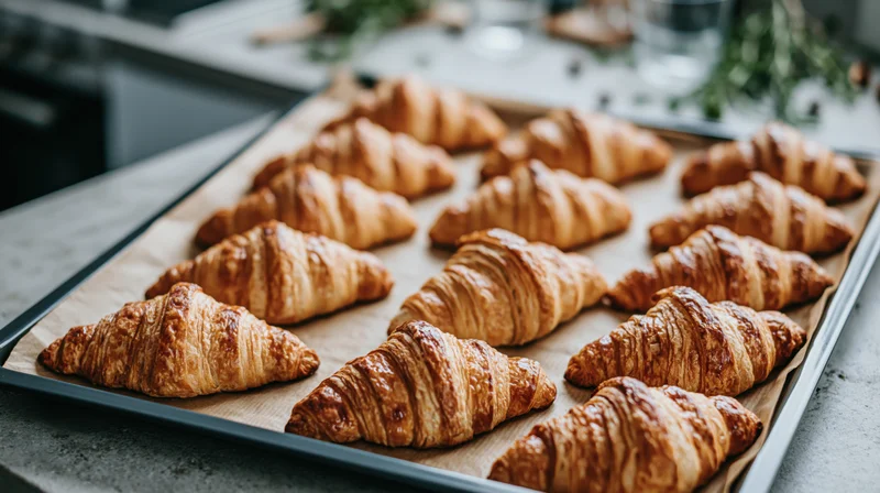 Freshly baked croissants arranged in rows on a parchment-lined tray in a kitchen