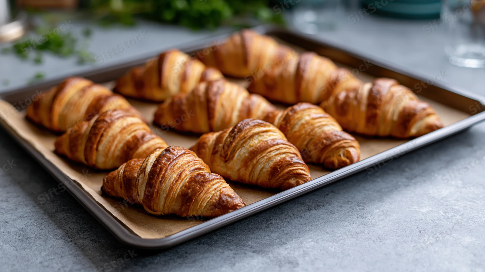 Freshly baked croissants arranged in rows on a parchment-lined tray on a gray countertop
