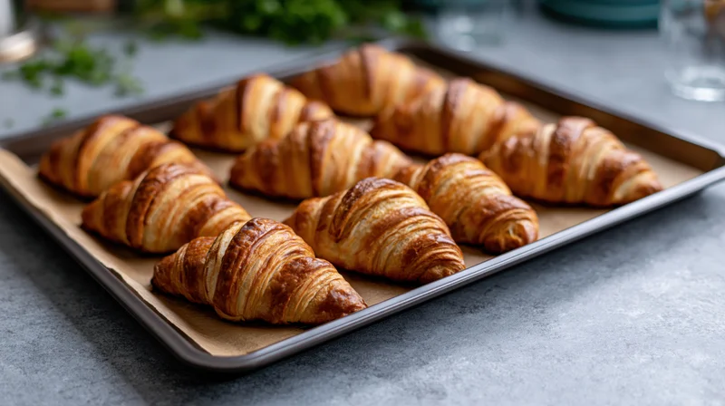 Freshly baked croissants arranged in rows on a parchment-lined tray on a gray countertop