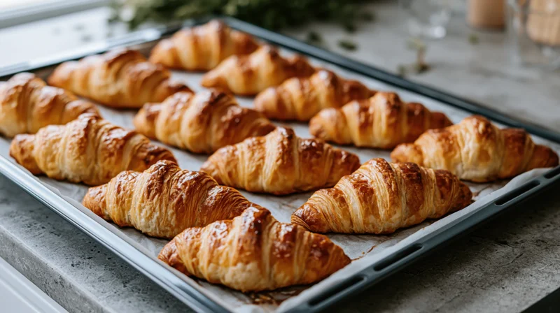 Freshly baked croissants arranged in rows on a parchment-lined tray on a marble countertop