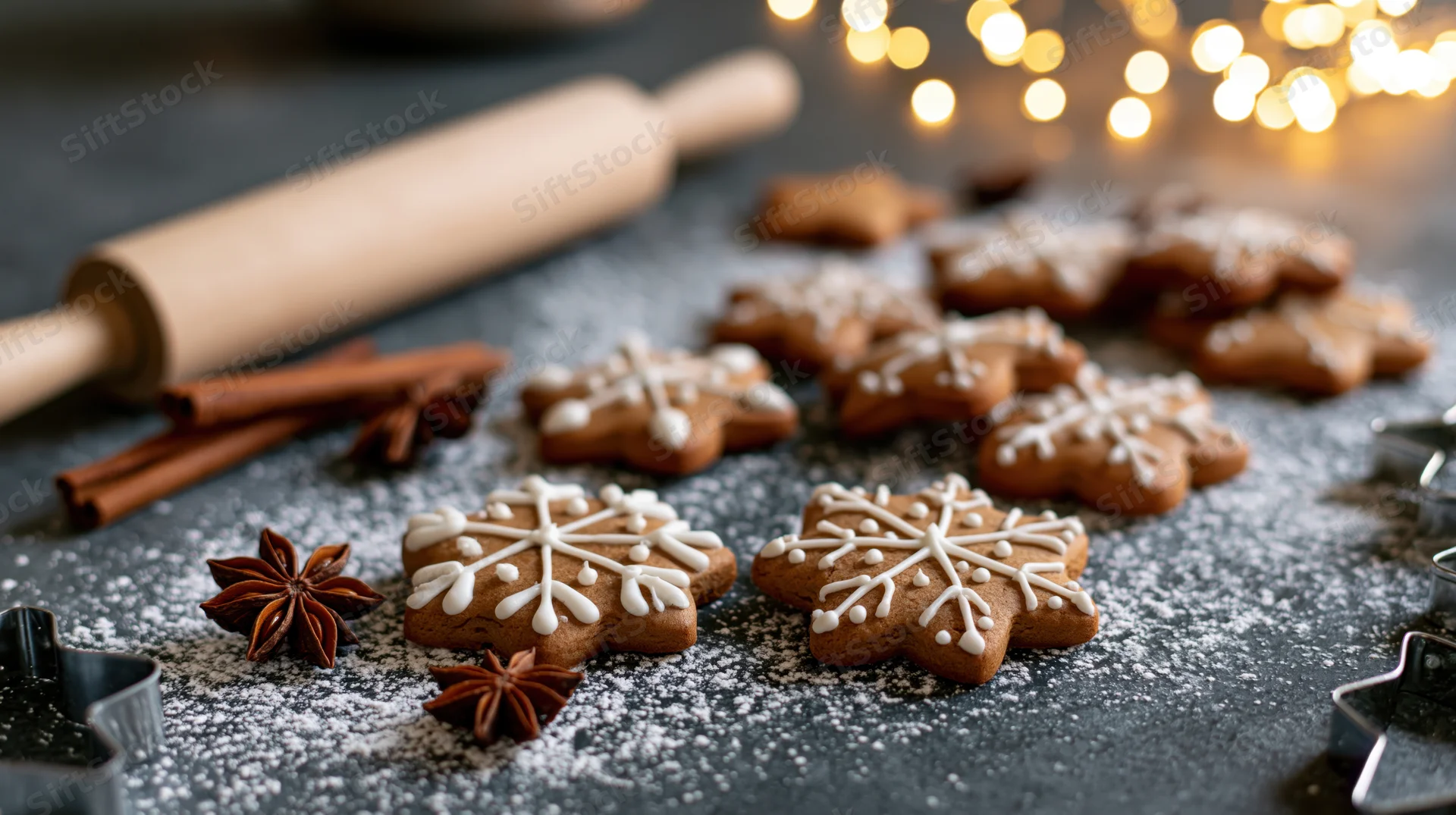 Gingerbread cookies decorated with white icing snowflakes on a dark kitchen surface surrounded by cinnamon sticks, star anise, rolling pin and cookie cutters with warm bokeh lights in background