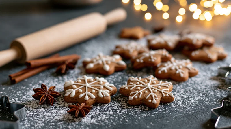 Gingerbread cookies decorated with white icing snowflakes on a dark kitchen surface surrounded by cinnamon sticks, star anise, rolling pin and cookie cutters with warm bokeh lights in background