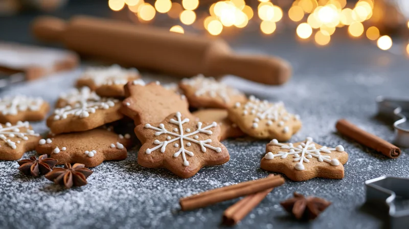 Gingerbread cookies decorated with white icing snowflakes on a dark countertop with cinnamon sticks and star anise, warm bokeh lights in background
