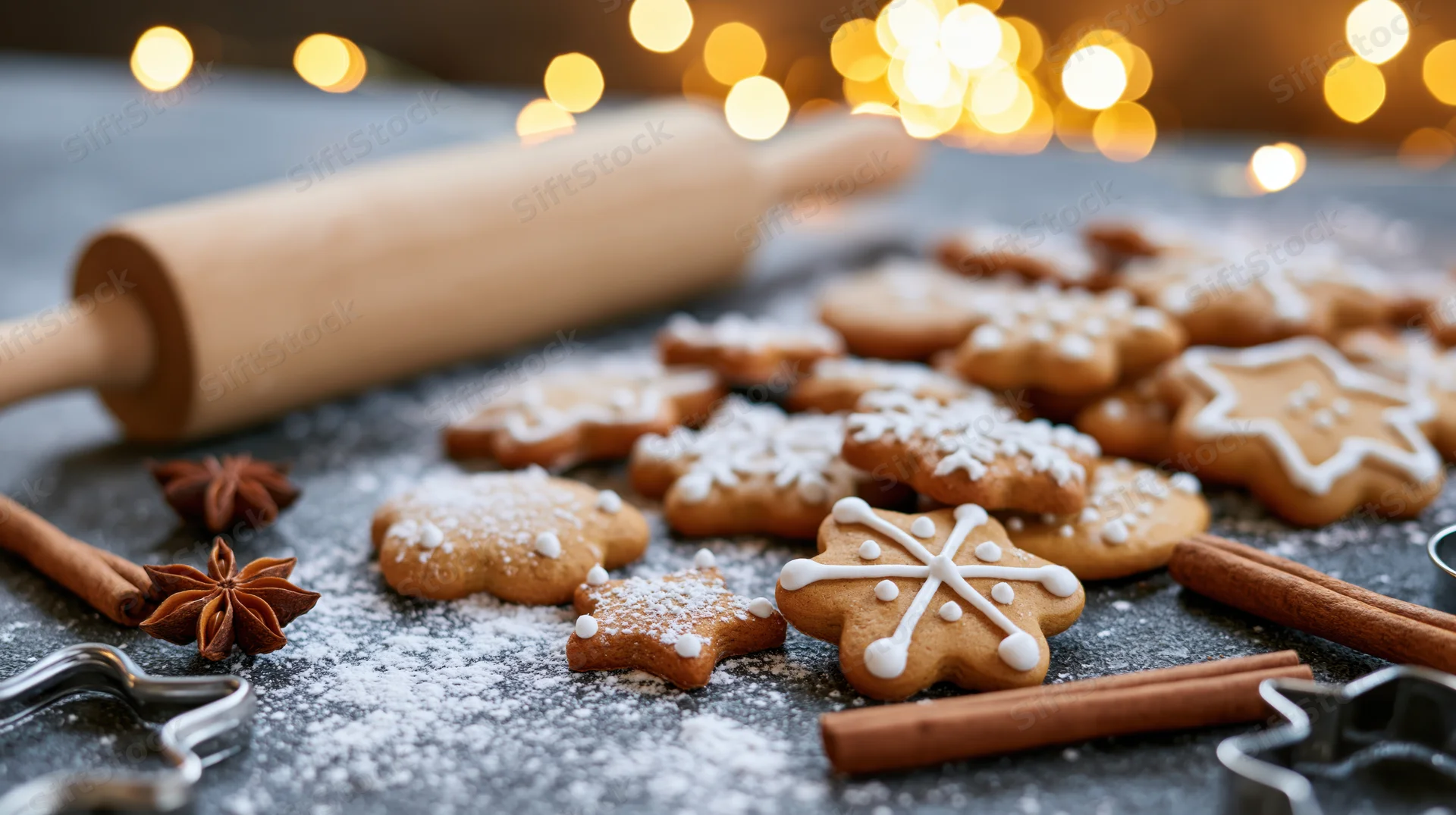 Gingerbread cookies decorated with icing and powdered sugar on a dark kitchen table with cinnamon sticks and cookie cutters, surrounded by warm bokeh lights