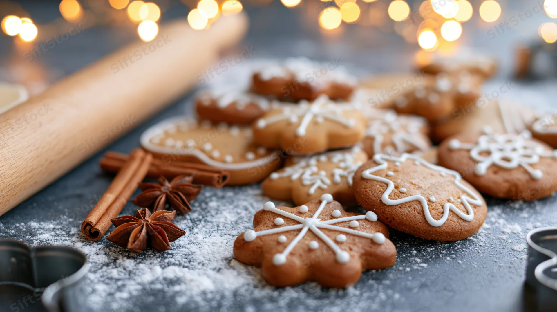 Gingerbread cookies with white icing and spices on a dark kitchen table near a rolling pin and cookie cutters