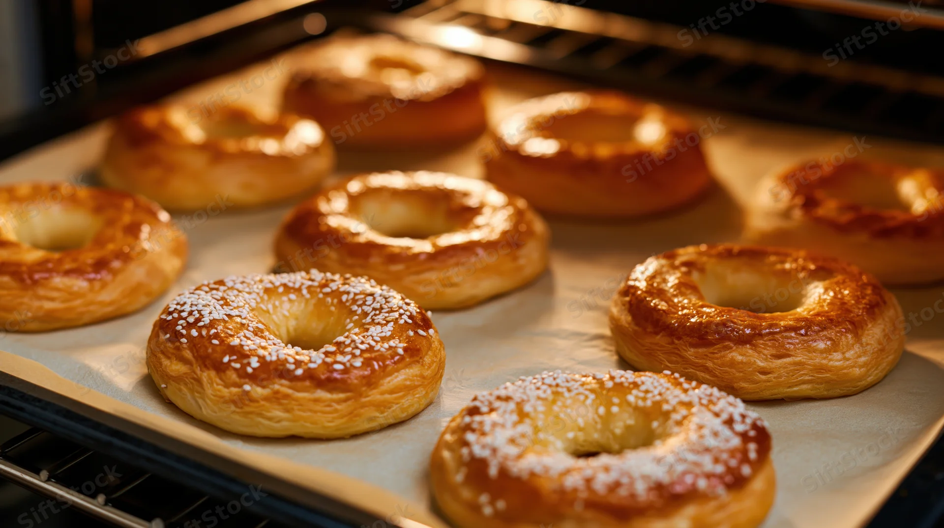 Golden bagels baking on parchment-lined tray inside oven