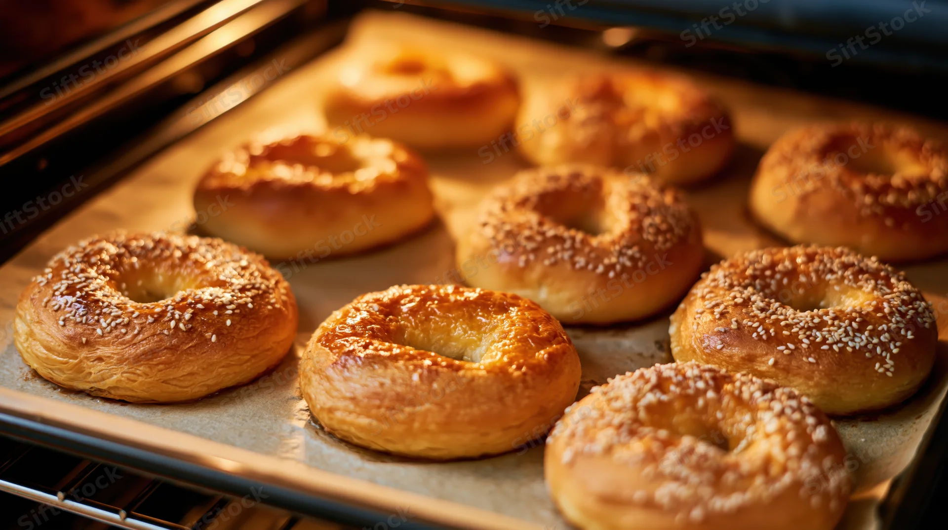 Golden bagels baking on parchment-lined tray inside oven