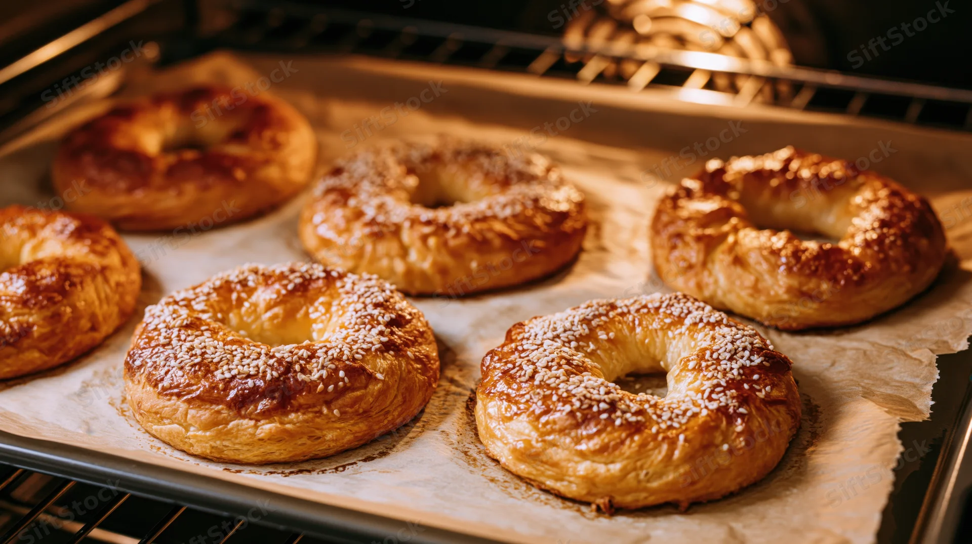 Golden bagels with sesame seeds baking on parchment paper in an oven