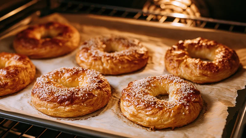 Golden bagels with sesame seeds baking on parchment paper in an oven