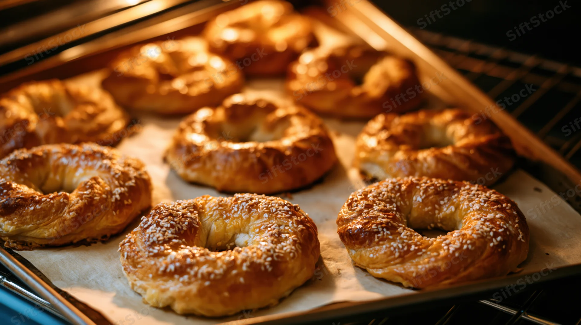 Golden bagels baking in an oven on a parchment-lined tray