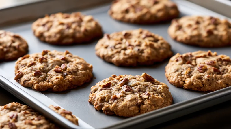 Freshly baked pecan cookies arranged on a metal baking sheet