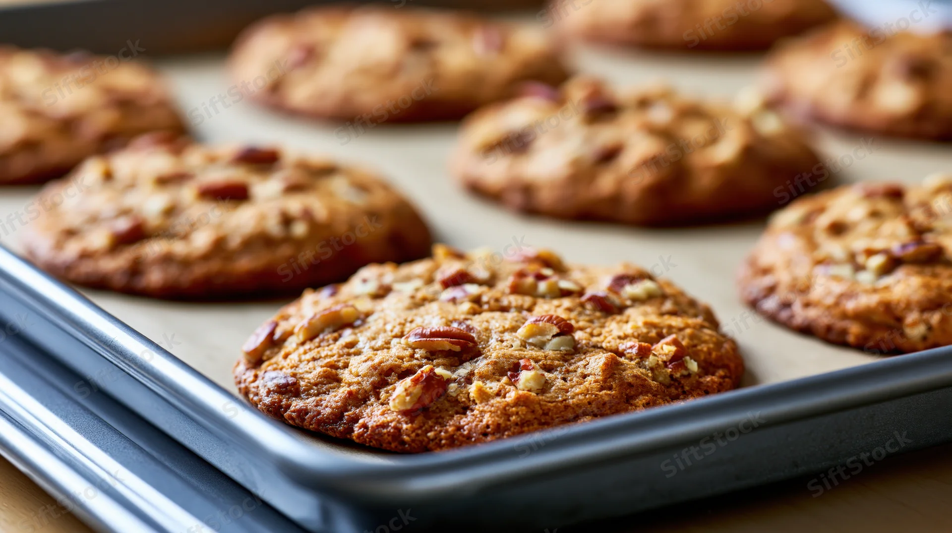 Freshly baked pecan cookies on a metal baking sheet with parchment paper