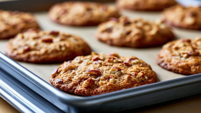 Freshly baked pecan cookies on a metal baking sheet with parchment paper