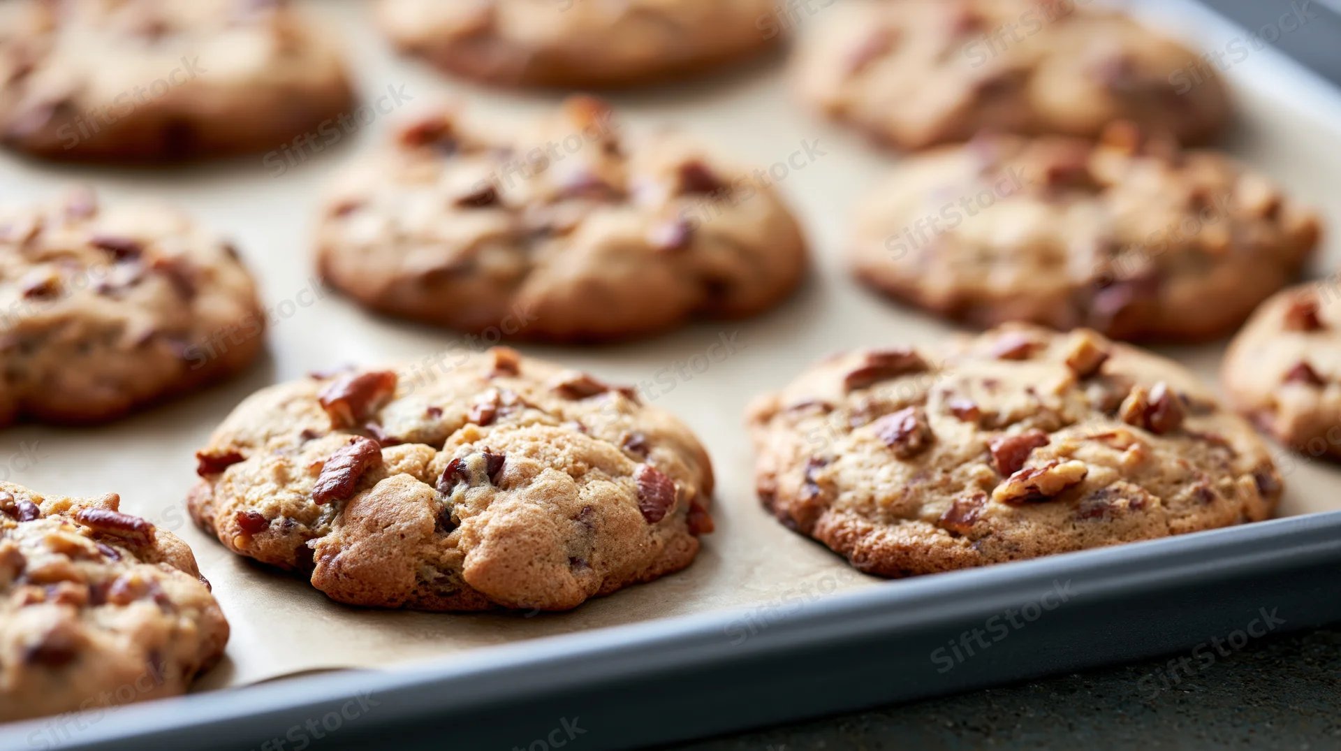 Freshly baked pecan cookies arranged on a metal baking sheet lined with parchment paper