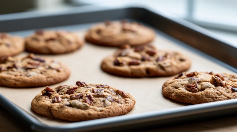 Freshly baked pecan cookies on a metal baking sheet lined with parchment paper
