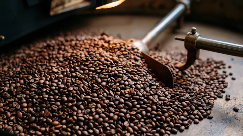 Roasted coffee beans spreading on a cooling tray in a roasting machine interior