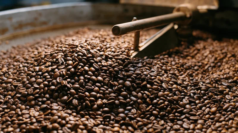 Roasted coffee beans piled on a metal cooling tray in a roastery