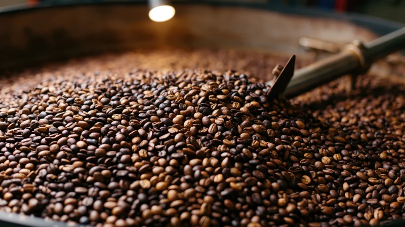 Roasted coffee beans piled in a cooling tray during industrial roasting process