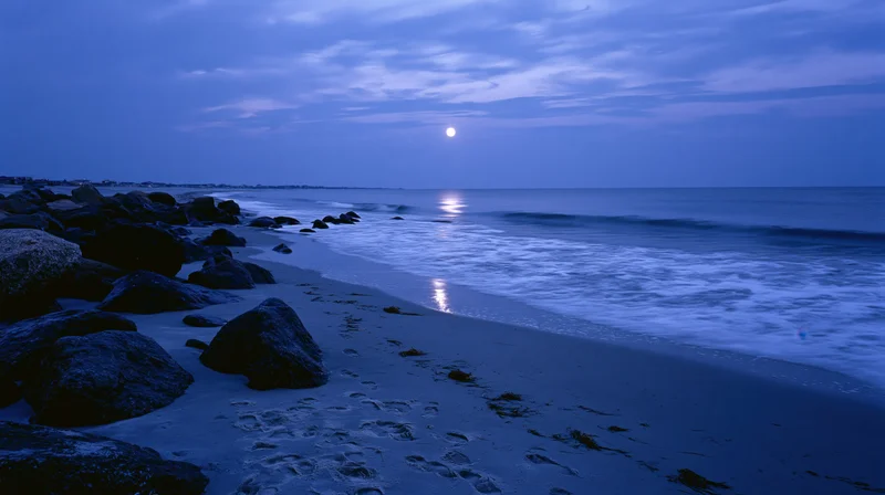 Full moon rising low over calm ocean shoreline with gentle waves and rocky beach at night