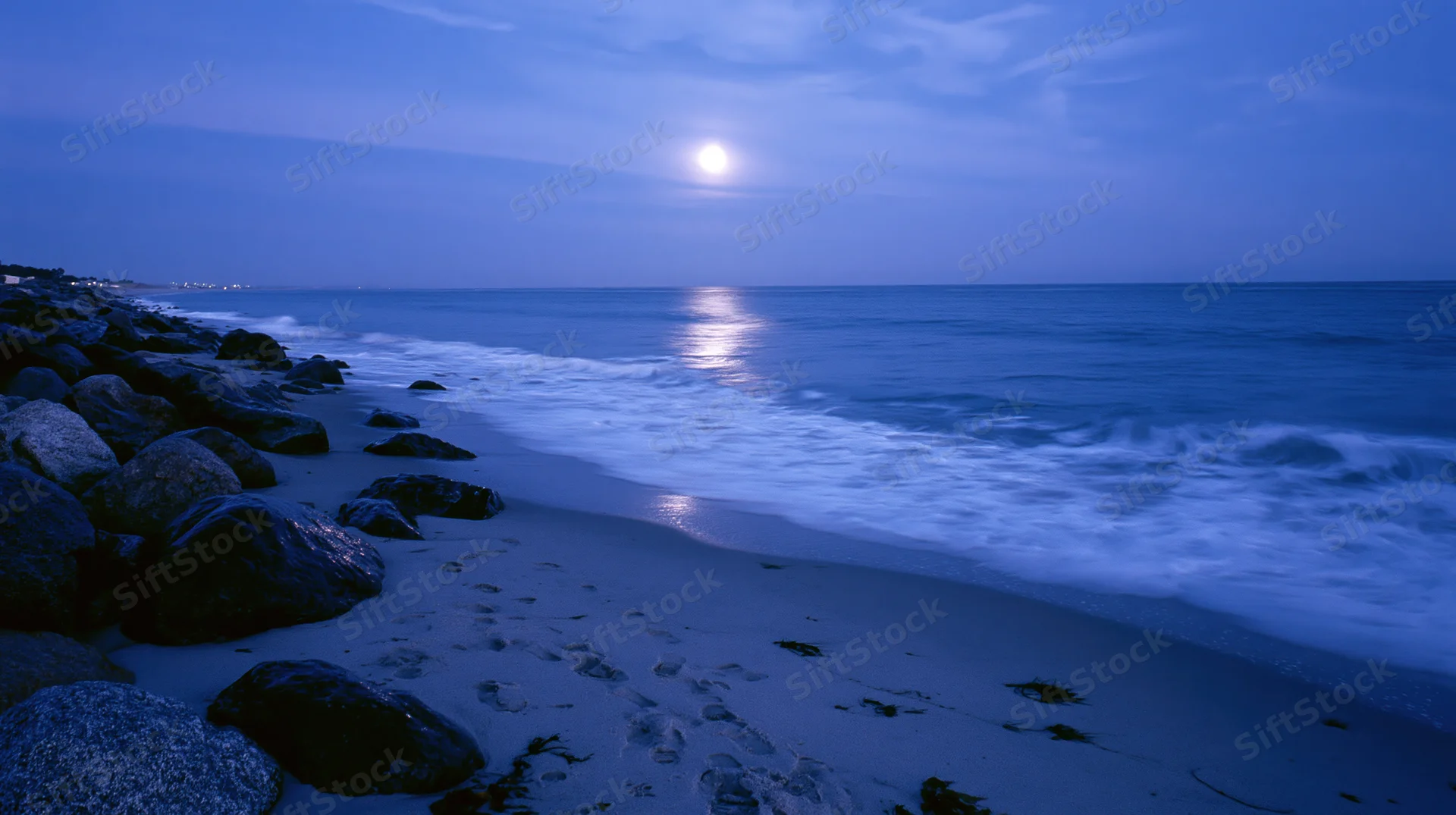 Full moon rising over calm ocean shoreline with gentle waves and footprints in the sand