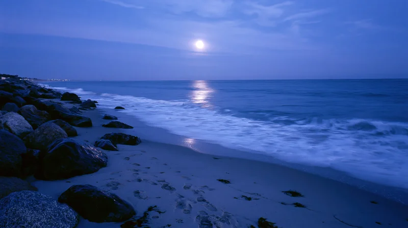 Full moon rising over calm ocean shoreline with gentle waves and footprints in the sand