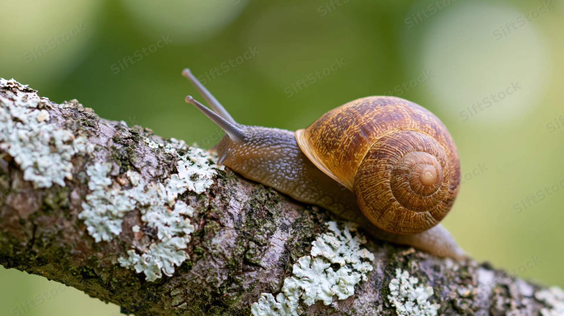 Garden snail crawling along a lichen-covered tree branch in a natural outdoor setting