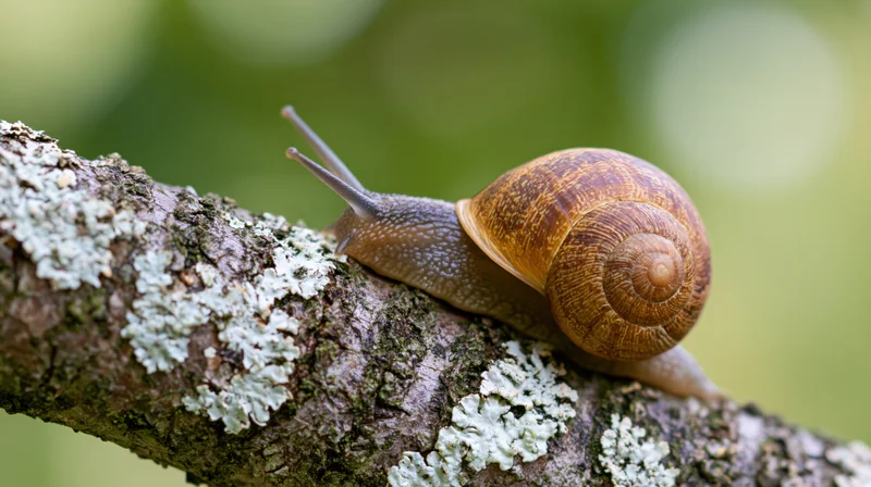 Garden snail crawling along a lichen-covered tree branch in a natural outdoor setting