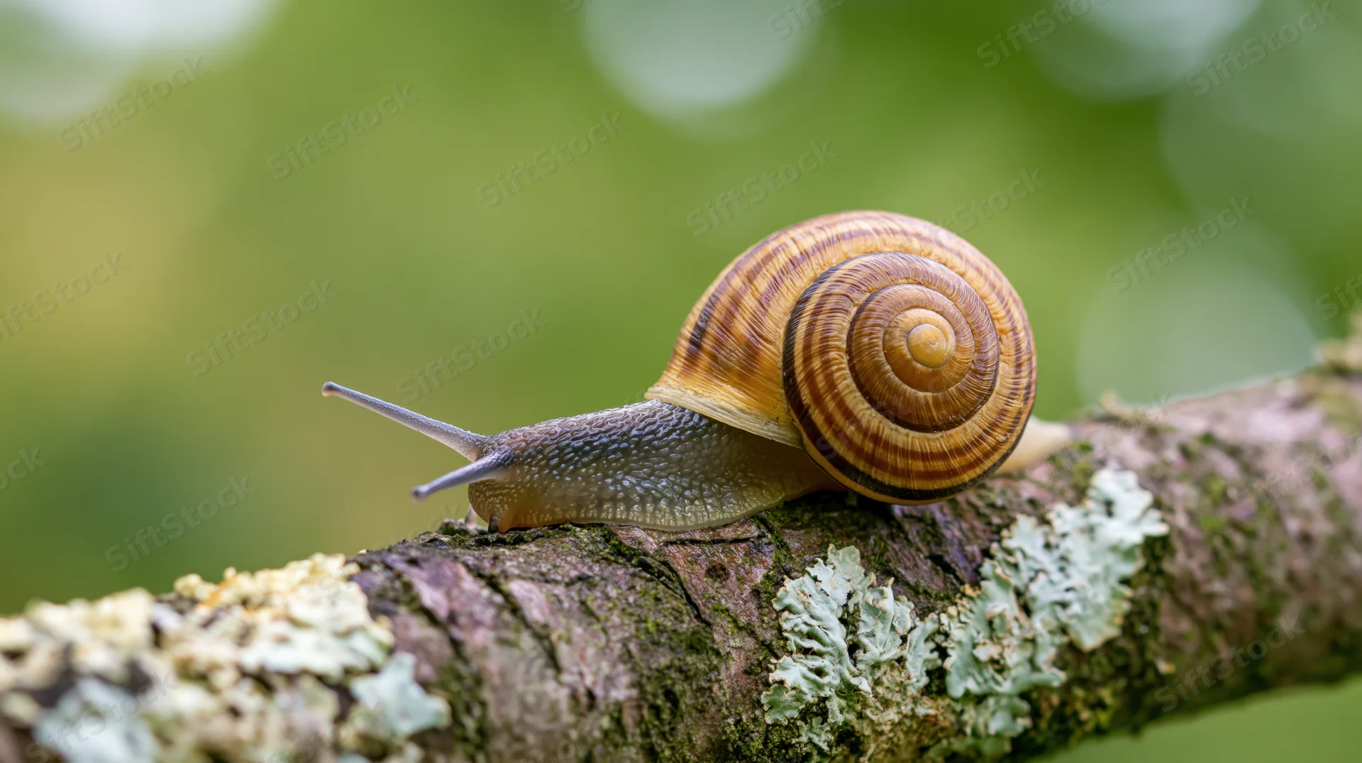 Garden snail crawling along a lichen-covered tree branch in a natural outdoor setting