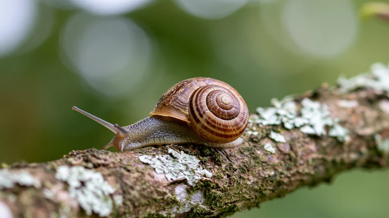 Garden snail crawling along a lichen-covered tree branch in a natural woodland setting