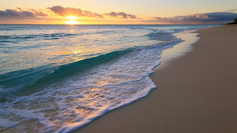 Gentle ocean wave washing over flat white sand beach at sunrise