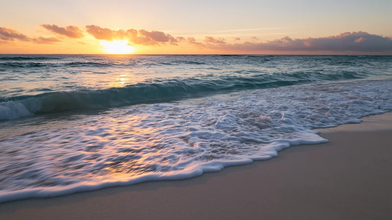 Gentle ocean wave washing over flat white sand beach at sunrise