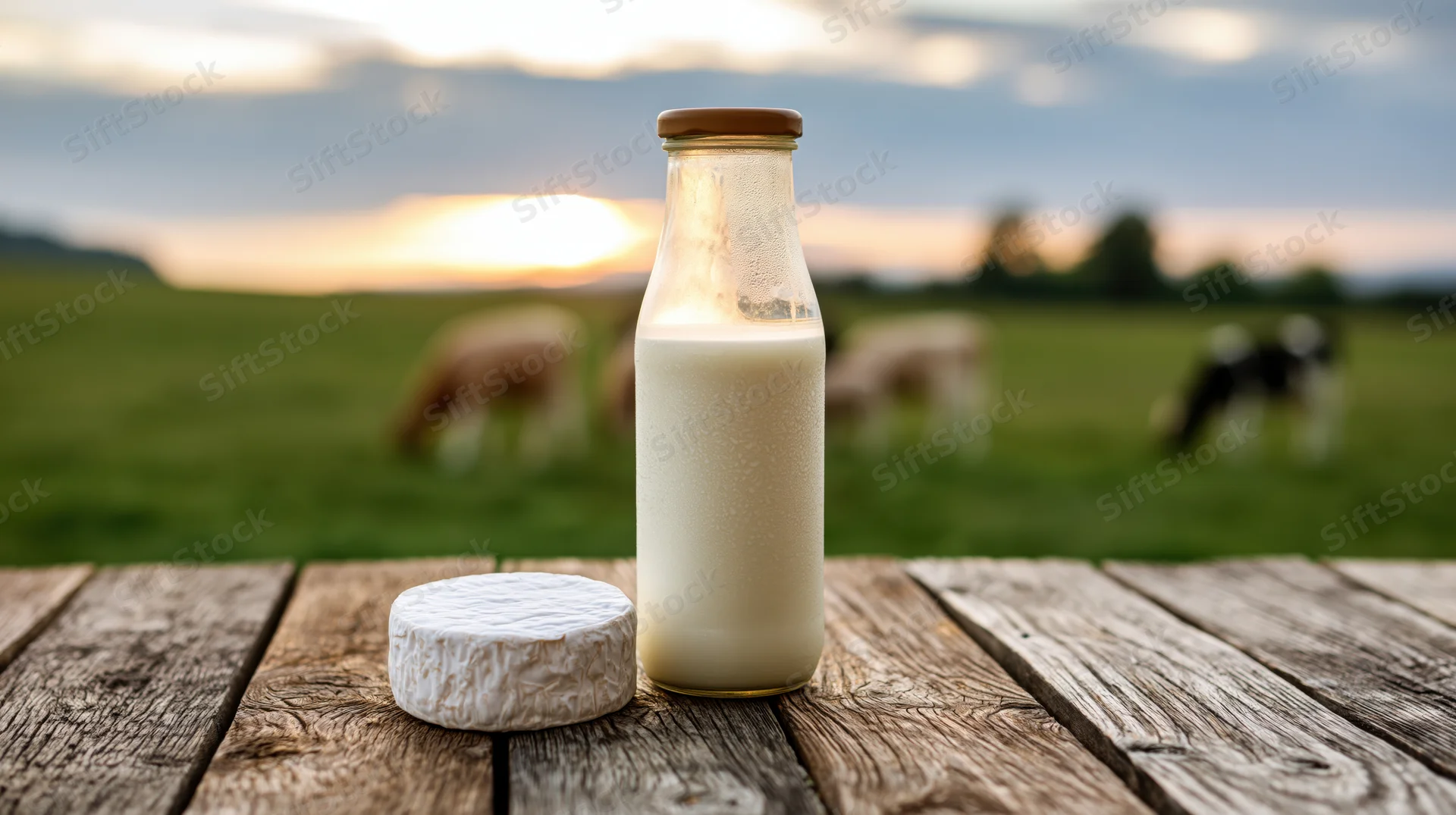 Glass milk bottle and round camembert cheese on wooden table with cows grazing in pasture at sunset