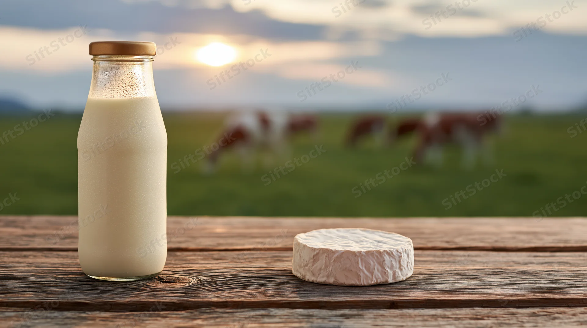 Glass milk bottle and round camembert cheese on wooden table with cows grazing in pasture at sunset