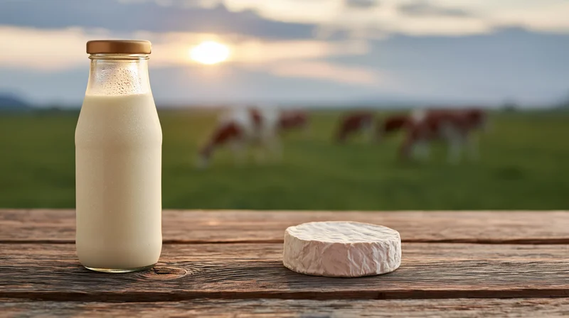 Glass milk bottle and round camembert cheese on wooden table with cows grazing in pasture at sunset