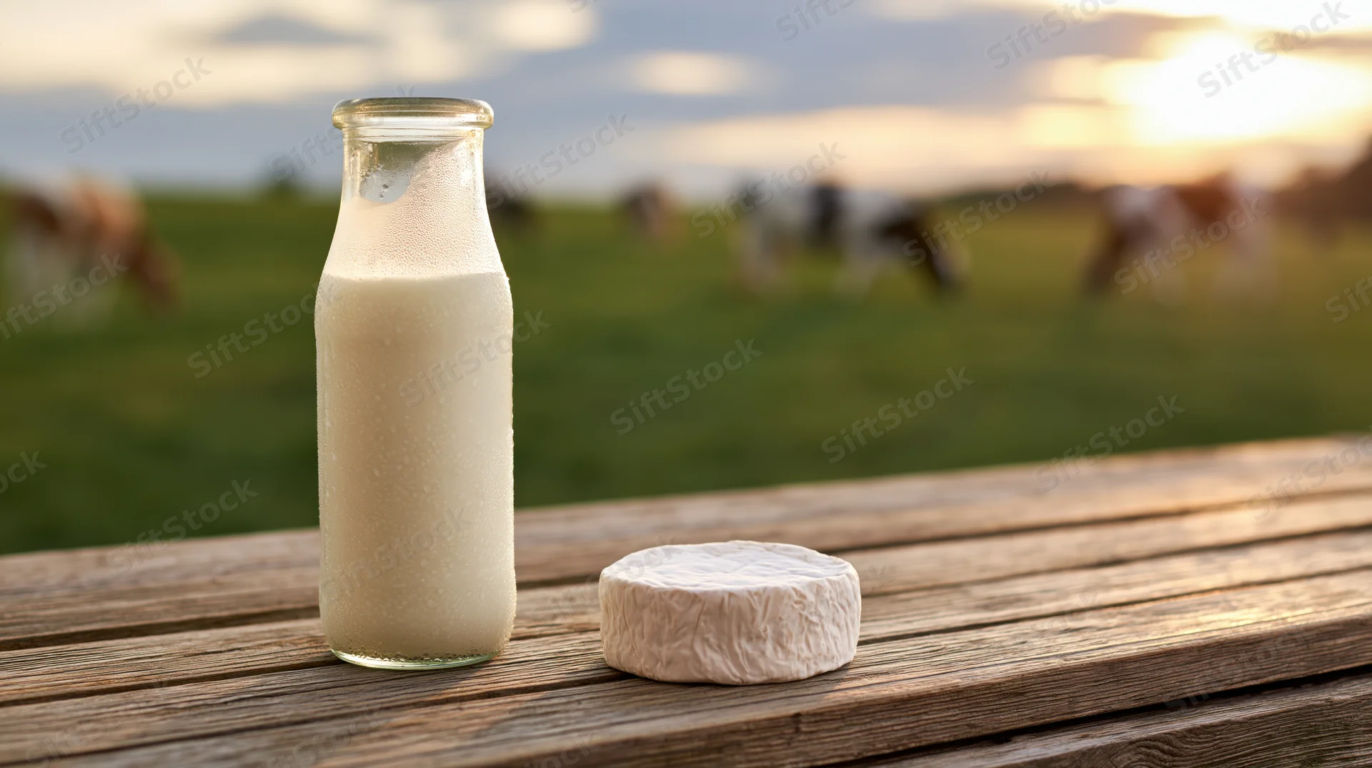 Glass milk bottle and round camembert cheese on wooden table in front of grassy field with cows at sunset