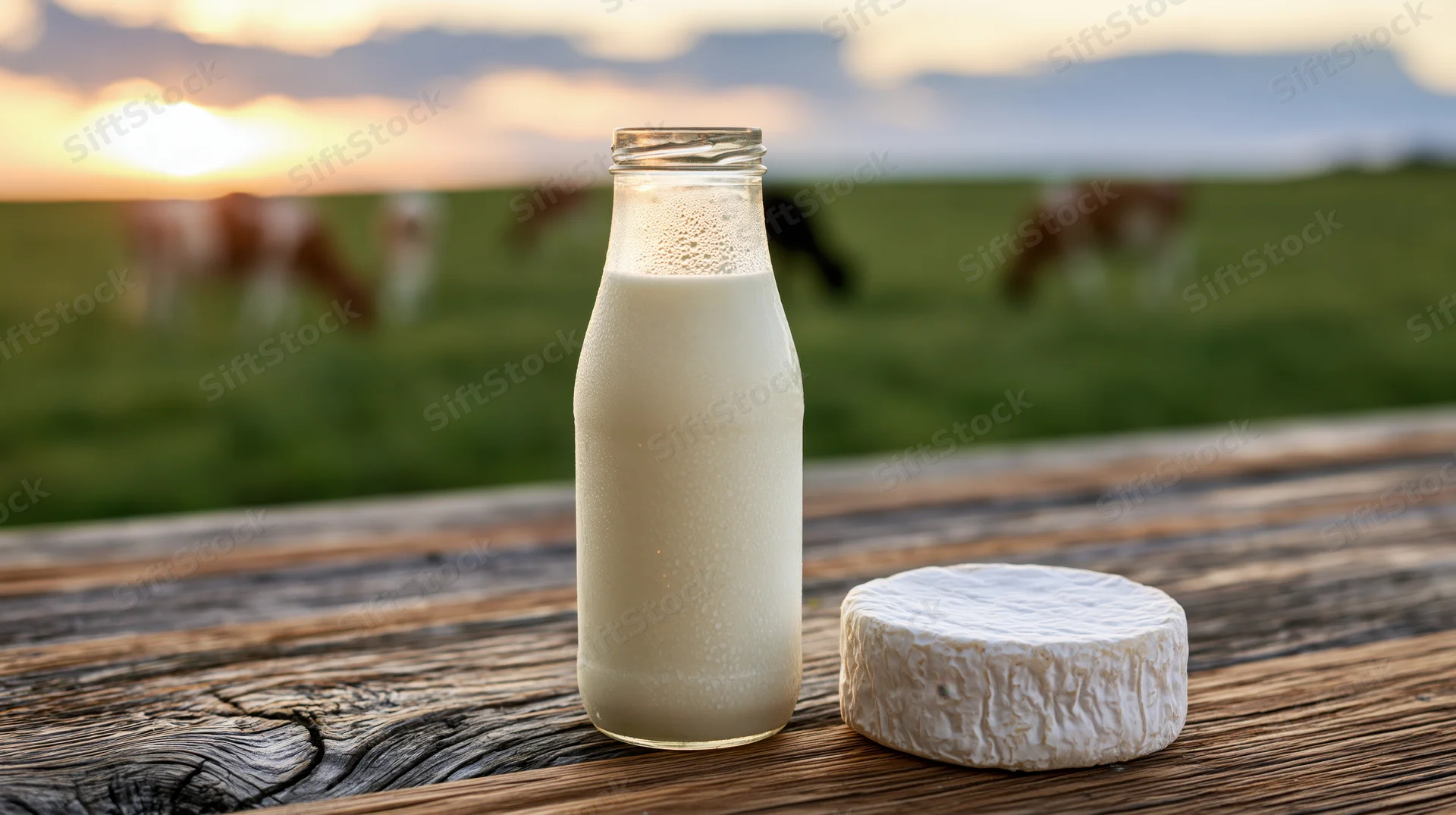 Glass milk bottle and round camembert cheese on wooden table with cows grazing in pasture at sunset