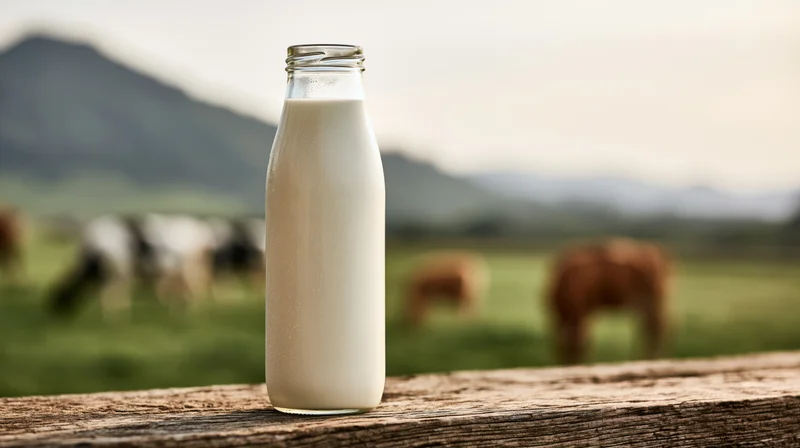 Glass milk bottle filled with fresh milk on wooden fence with grazing cows in pasture background