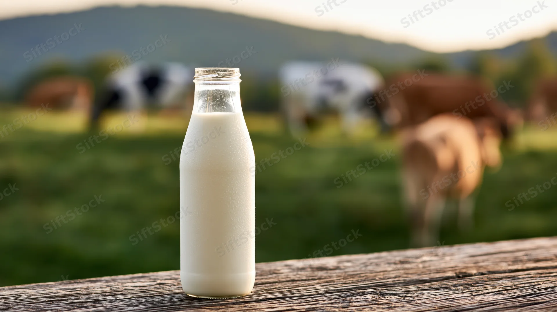 Glass milk bottle filled with fresh milk on wooden fence with grazing cows in pasture at sunset