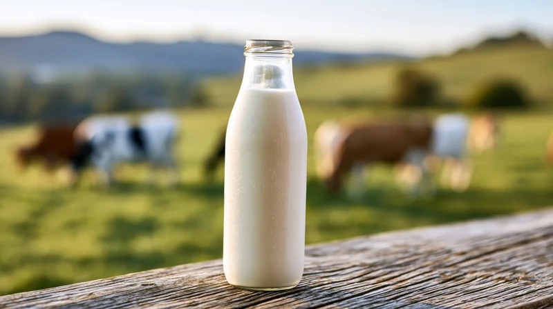 Glass milk bottle filled with fresh milk on wooden fence with cows grazing in green pasture behind