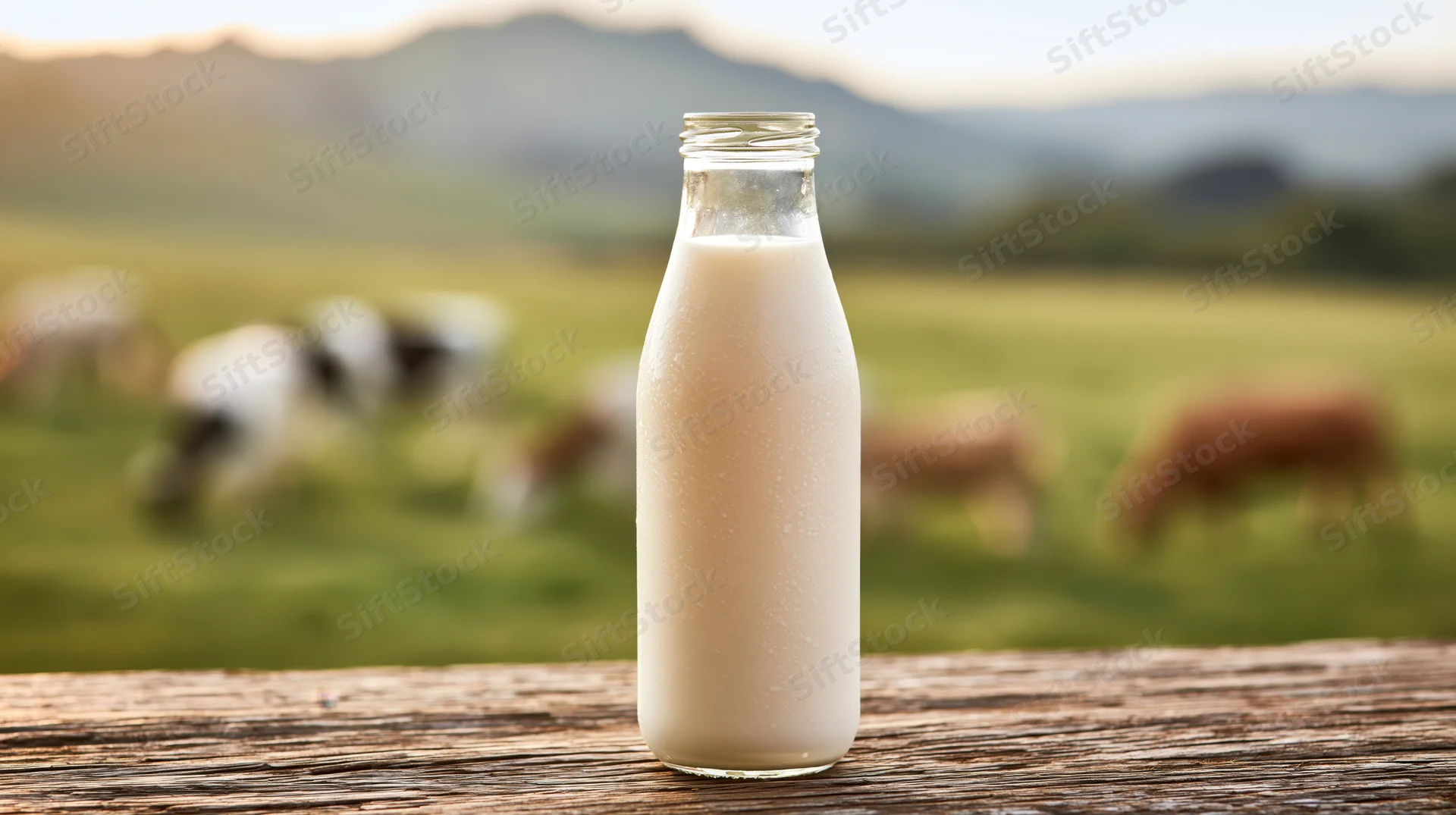 Glass milk bottle filled with fresh milk on wooden table with grazing cows in pasture