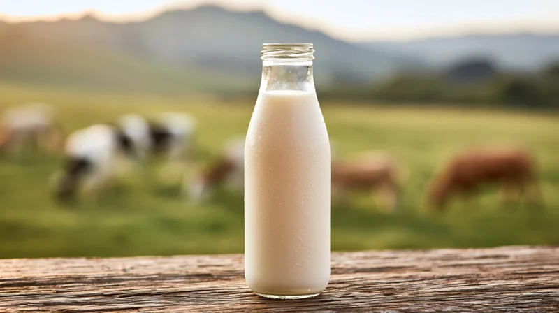 Glass milk bottle filled with fresh milk on wooden table with grazing cows in pasture