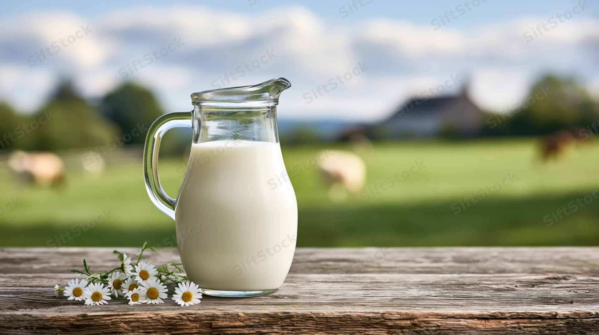 Glass milk jug filled with fresh milk on wooden table in front of green pasture with cows and daisies
